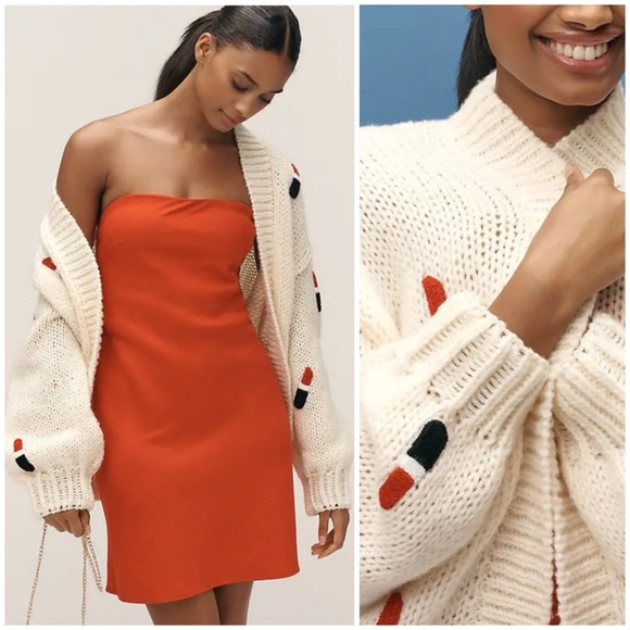 ANTHROPOLOGIE 3D Lipstick Embellished Cardigan Sweater OS - Picture 2 of 8